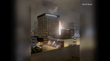 Barrage of fireworks erupt in downtown Los Angeles